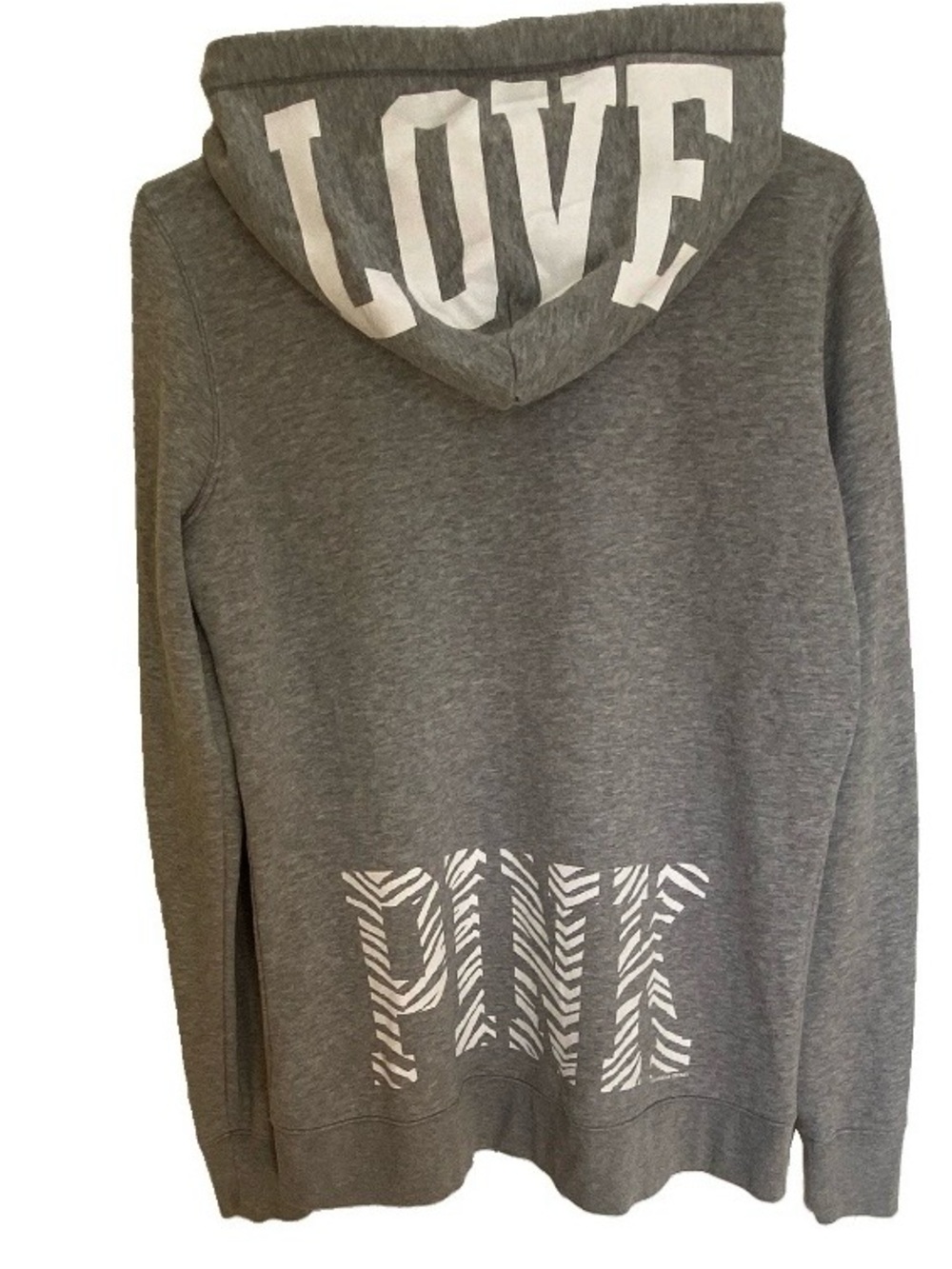 Victoria's Secret Gray Womens Zip-Up Hoodie with WHITE LOVE and PINK Graphics